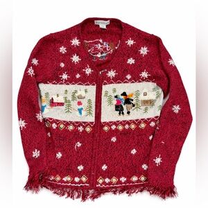 Vintage Embroidered Winter Wonderland Red Sweater